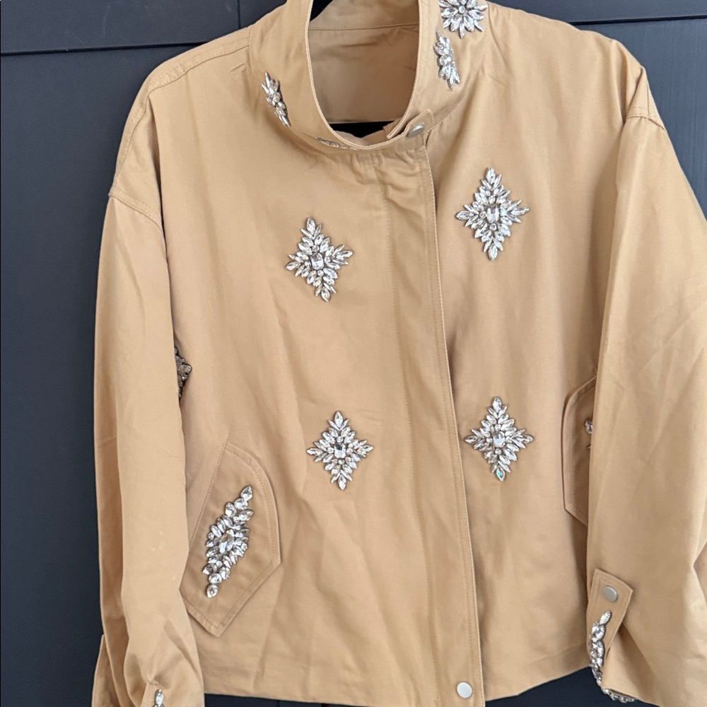 Embellished Utility Jacket in Tan with Jewel Accents